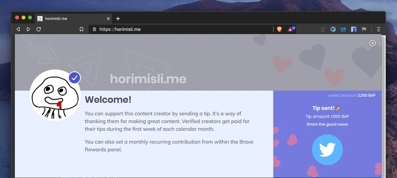 Brave Rewardsでの投げ銭結果